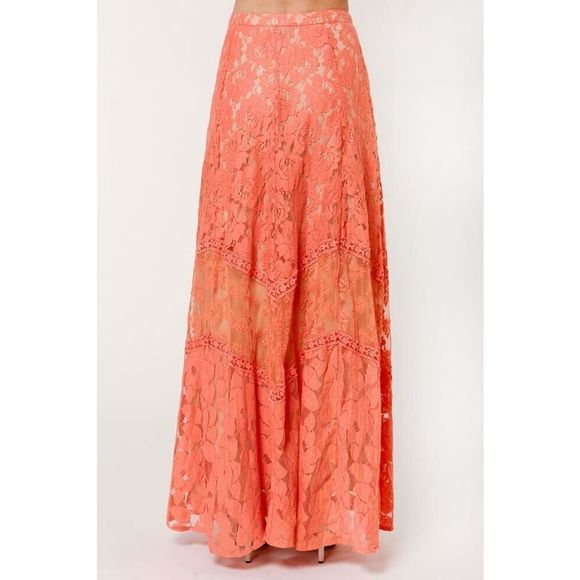 New Champagne & Strawberry Honeysuckle Peach Lace Maxi Skirt Size OP - Picture 4 of 10